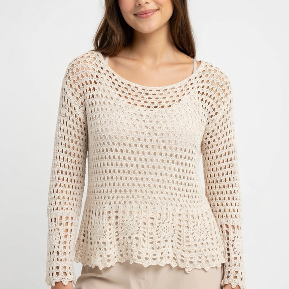 JEANNE PIERRE Sweaters - Jeanna Pierre Cream Open Knit Crochet Light weight Boho Chic Layering Piece | L